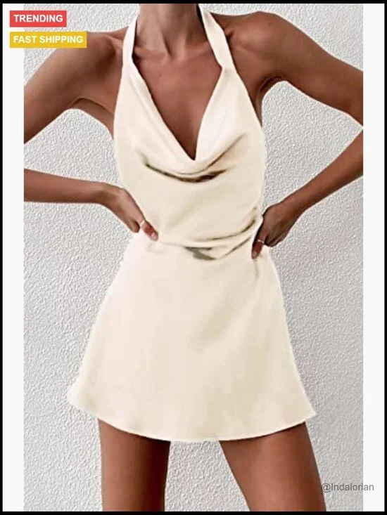 Satin Cowl Neck Halterneck Backless Mini Dress Slip On Bodycon - Picture 2 of 5